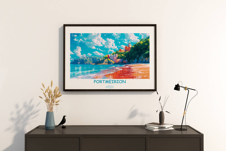 Vibrant illustration capturing the charm of Portmeirion, Wales, ideal for home decor or gifting. A delightful celebration of Welsh artistry and the picturesque charm of Portmeirion village.