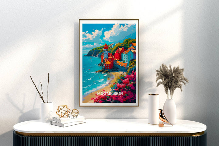 Elegant illustration showcasing the beauty of Portmeirion, Wales. A wonderful housewarming present or wall adornment, capturing the essence of Welsh artistry