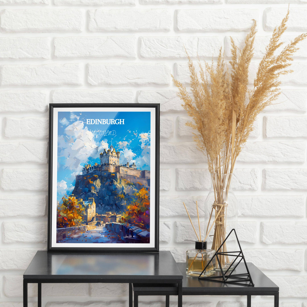 Experience the timeless beauty of Edinburghs Castle with this enchanting wall art. Perfect for adding a touch of Scotlands allure to any living space.