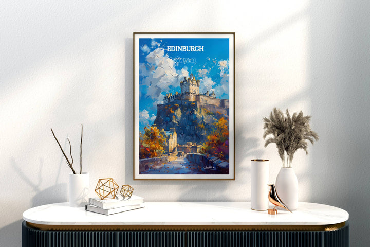 Experience the timeless beauty of Edinburghs Castle with this enchanting wall art. Perfect for adding a touch of Scotlands allure to any living space.