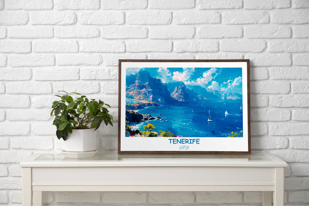 Experience the magic of Tenerife with this captivating Los Gigantes Cliffs travel poster. Perfect for Tenerife and Spain inspired decor.