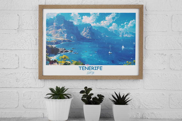 Experience the magic of Tenerife with this captivating Los Gigantes Cliffs travel poster. Perfect for Tenerife and Spain inspired decor.