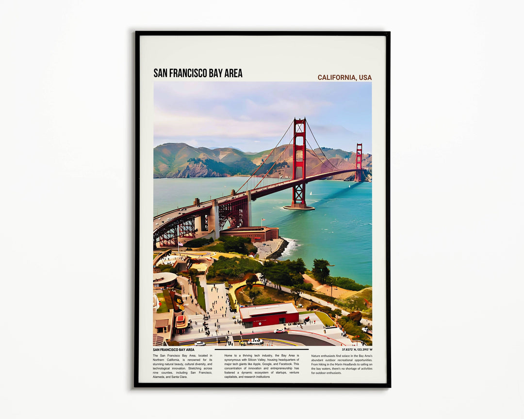 Colorful travel poster of San Francisco Golden Gate Bridge, showcasing the iconic landmark against a scenic Bay Area backdrop. Ideal wall art capturing the essence of the Bay Area
