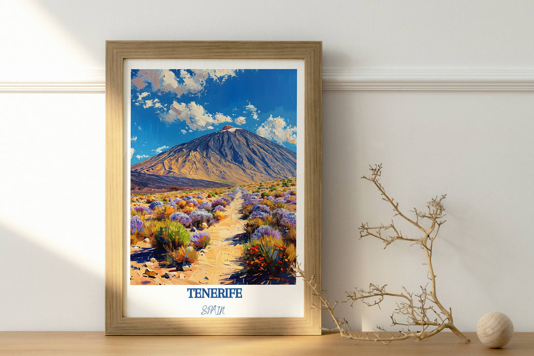 Bring the essence of Tenerife&#39;s Teide National Park into your space with this enchanting travel poster. An ideal gift for enthusiasts of Tenerife and Spain