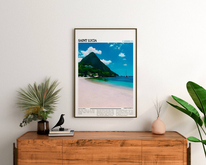 Immerse in Caribbean beauty with Saint Lucia-inspired art. Elevate your Caribbean decor with this poster, showcasing island allure