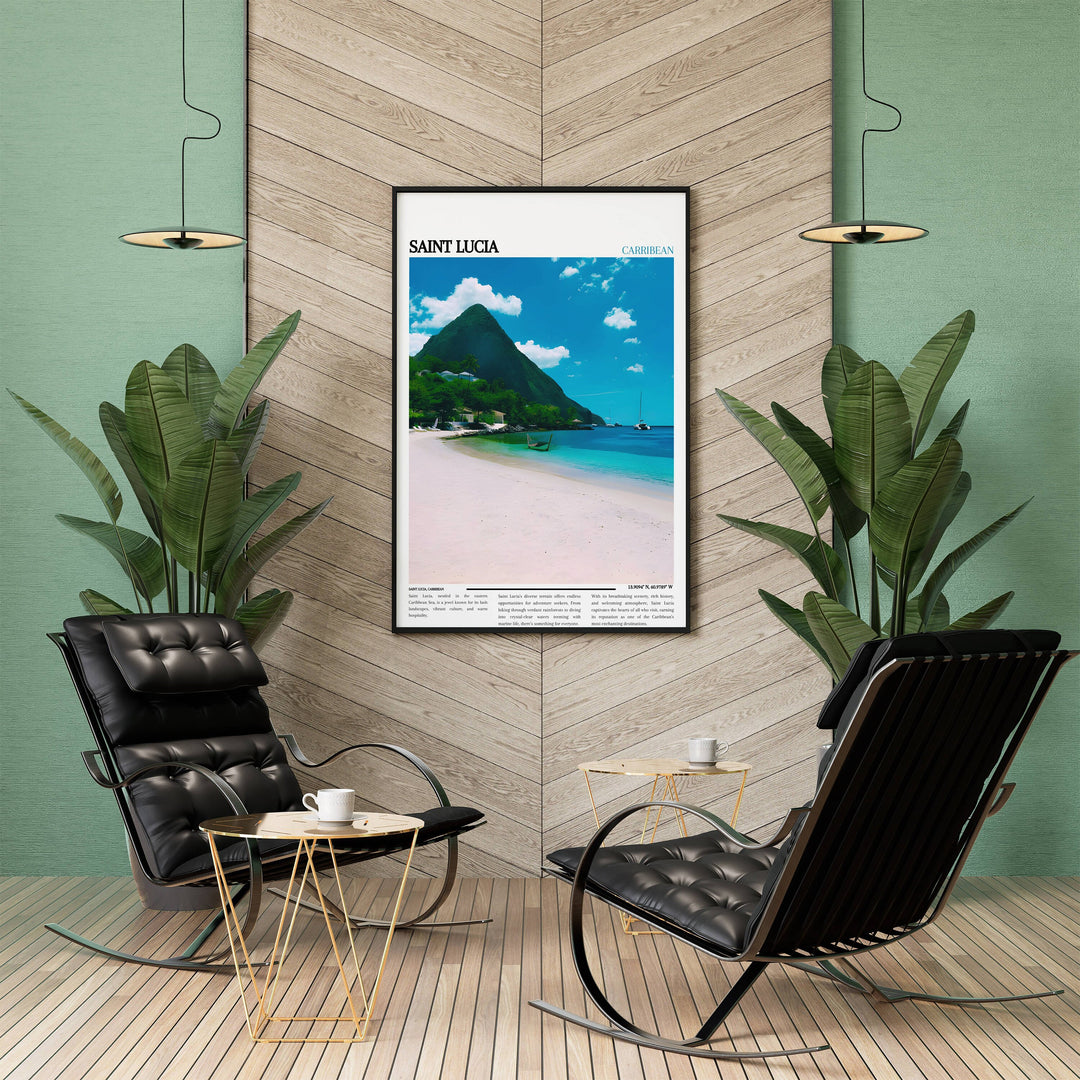 Immerse in Caribbean beauty with Saint Lucia-inspired art. Elevate your Caribbean decor with this poster, showcasing island allure