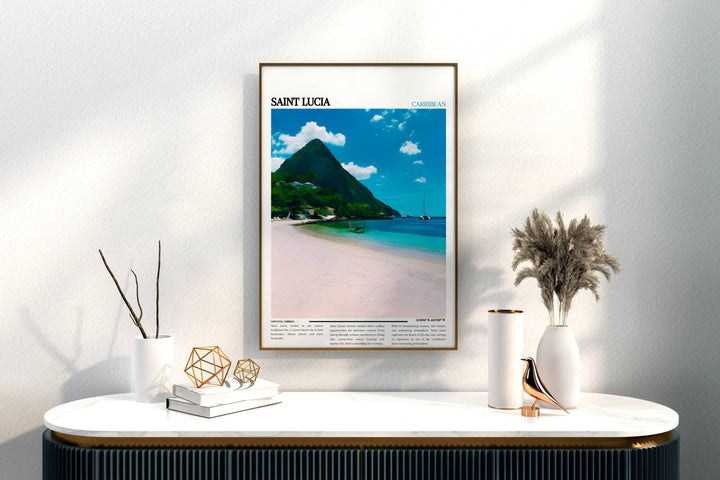 Immerse in Caribbean beauty with Saint Lucia-inspired art. Elevate your Caribbean decor with this poster, showcasing island allure