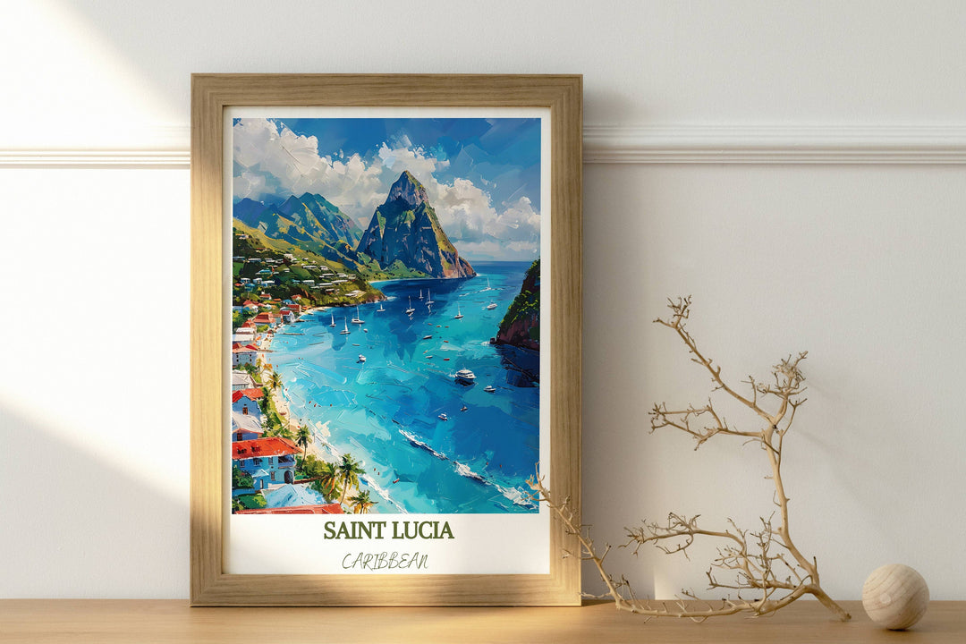 Embrace Saint Lucia&#39;s charm with Caribbean-inspired decor. Elevate your space with this vibrant Caribbean print