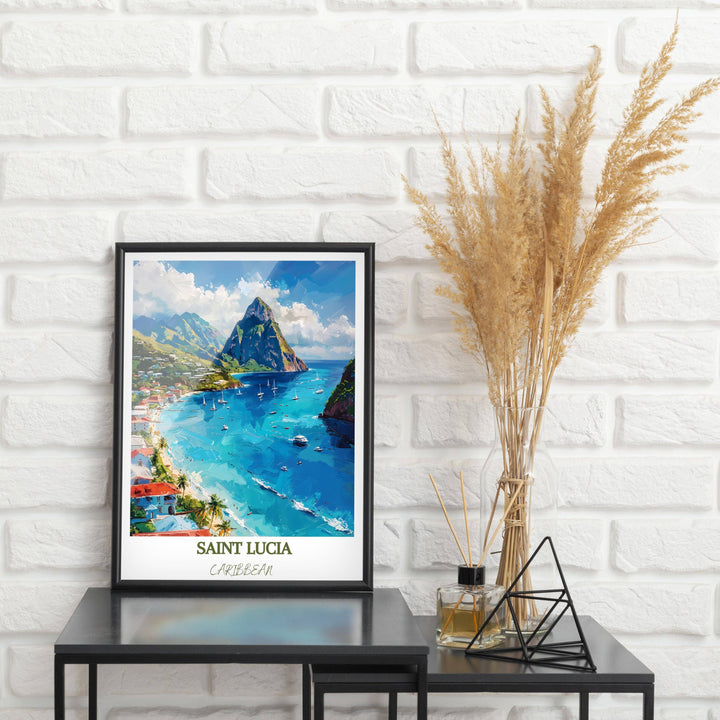 Saint Lucia-themed print adds Caribbean charm. Ideal for decor or gifting, this art piece brings tropical vibes home