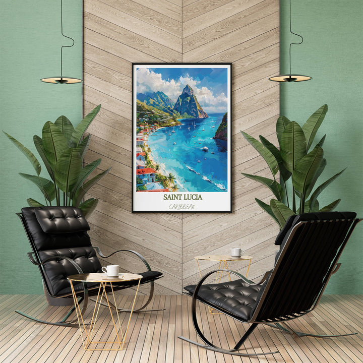 Saint Lucia-themed print adds Caribbean charm. Ideal for decor or gifting, this art piece brings tropical vibes home