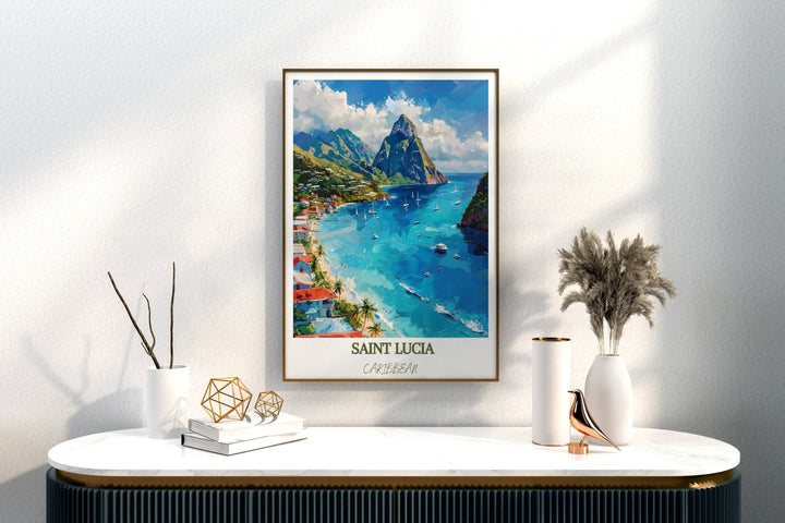 Saint Lucia-themed print adds Caribbean charm. Ideal for decor or gifting, this art piece brings tropical vibes home