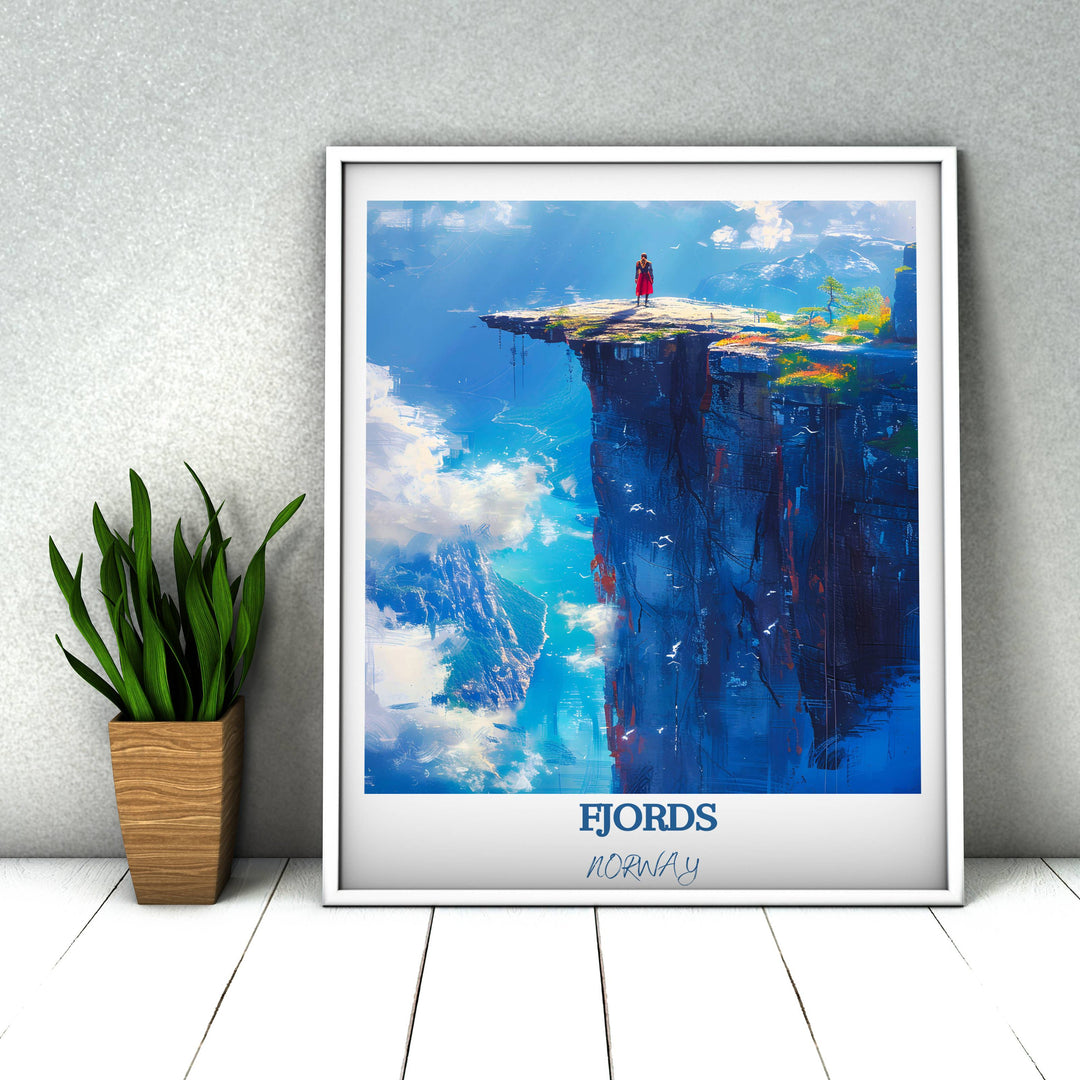 Transform your home into a Nordic retreat with this Norway-themed artwork showcasing the beauty of Preikestolen and its surrounding fjords.