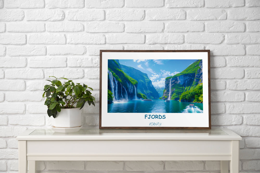 Adorn your walls with the beauty of Norway through this stunning Norwegian artwork capturing the essence of Preikestolen and its fjords.