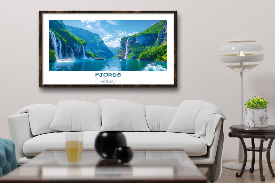 Escape to the tranquility of Scandinavian nature with this Norway-inspired wall art showcasing Geirangerfjord and Trolltunga.