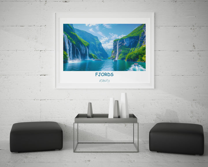 Escape to the tranquility of Scandinavian nature with this Norway-inspired wall art showcasing Geirangerfjord and Trolltunga.