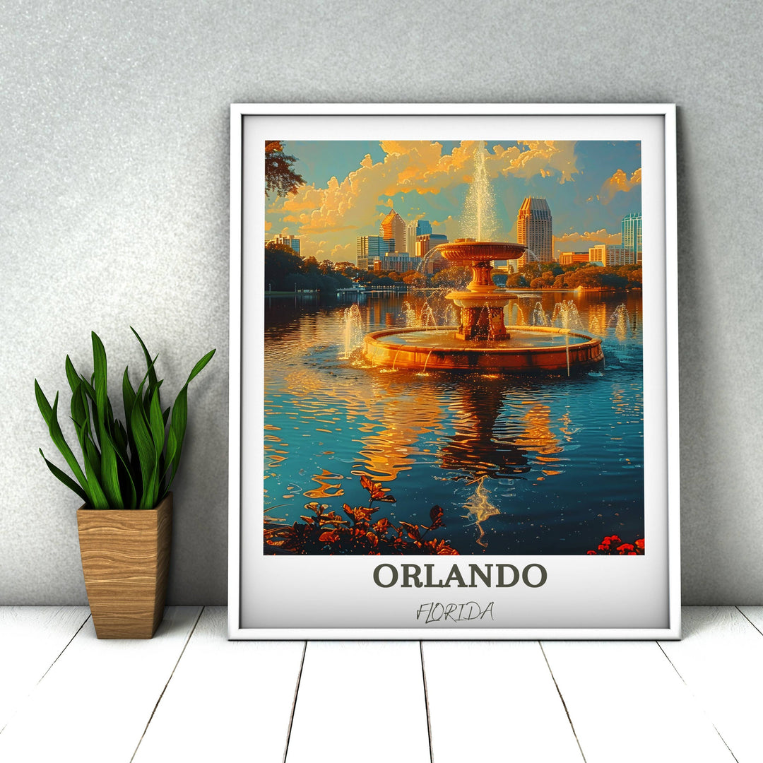 Inviting Orlando travel print featuring the picturesque scenery of Lake Eola Park. Ideal Florida decor for any space.