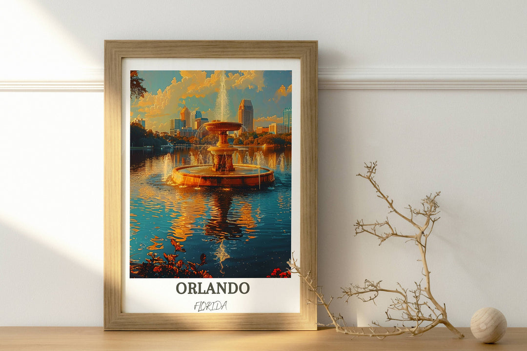 Inviting Orlando travel print featuring the picturesque scenery of Lake Eola Park. Ideal Florida decor for any space.