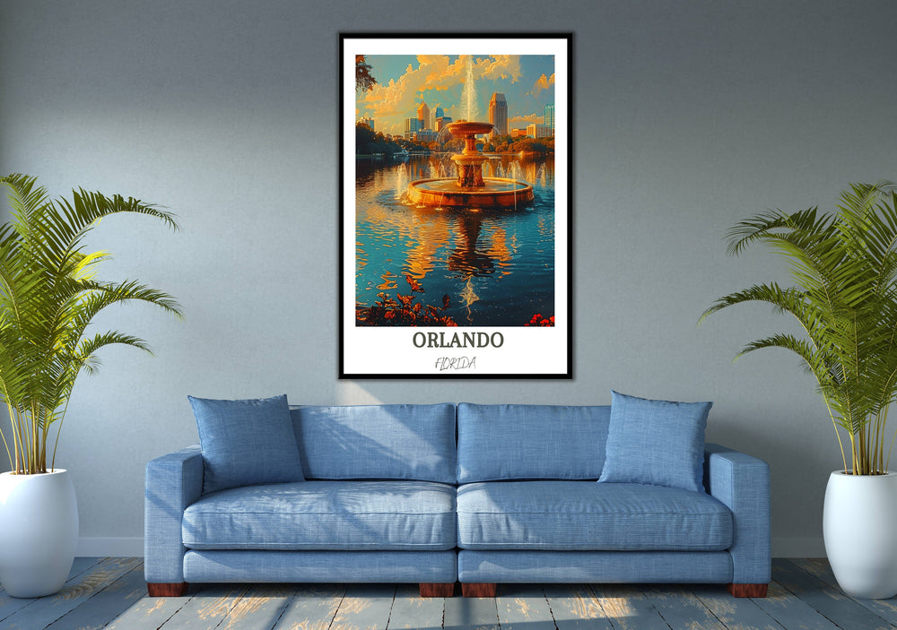 Dreamy Orlando art piece showcasing the magical atmosphere of the city, with a focus on Lake Eola Park&#39;s iconic fountain. Perfect Florida art poster.