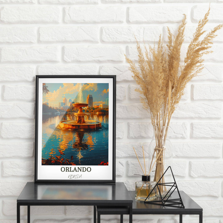 Dreamy Orlando art piece showcasing the magical atmosphere of the city, with a focus on Lake Eola Park&#39;s iconic fountain. Perfect Florida art poster.