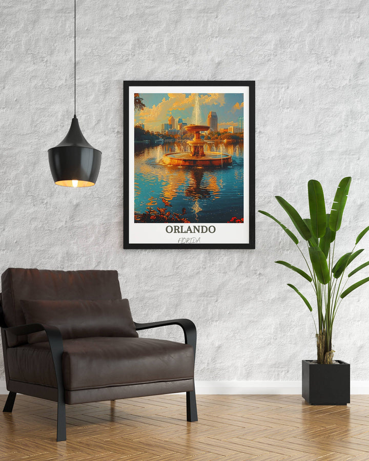Dreamy Orlando art piece showcasing the magical atmosphere of the city, with a focus on Lake Eola Park&#39;s iconic fountain. Perfect Florida art poster.