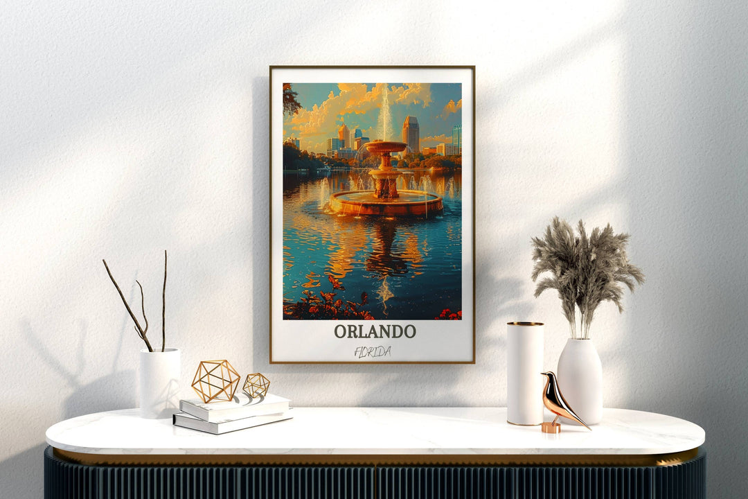 Dreamy Orlando art piece showcasing the magical atmosphere of the city, with a focus on Lake Eola Park&#39;s iconic fountain. Perfect Florida art poster.