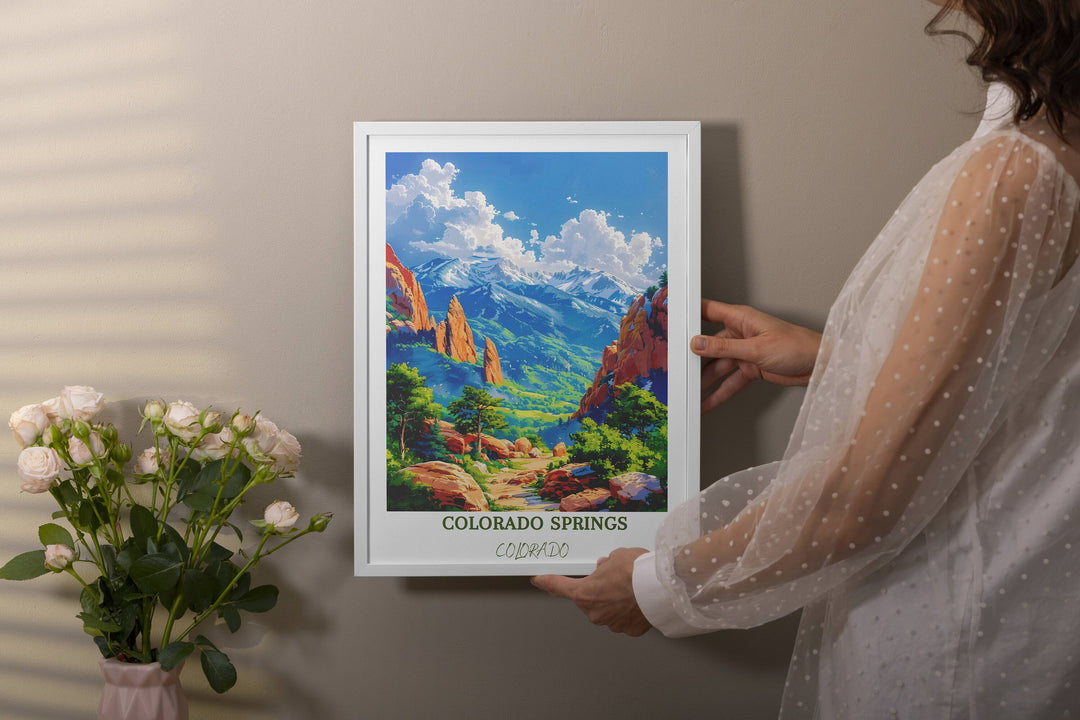 Elegant Garden of the Gods art featuring iconic landmarks like The Broadmoor, providing a timeless reminder of the charm and allure of Garden of the Gods.