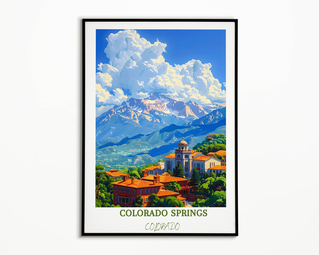 Mesmerizing Colorado Springs print featuring iconic scenes, an exquisite representation of Colorados breathtaking landscapes and landmarks.