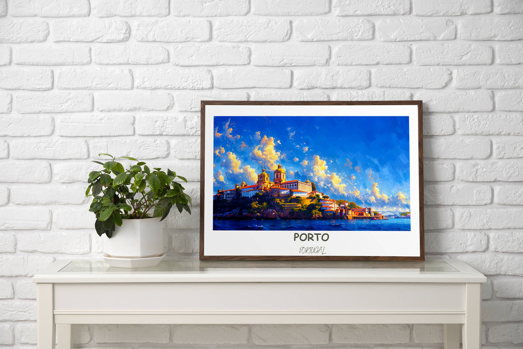 A beautiful painting of Porto&#39;s Dom Luís I Bridge set against the historic Porto Cathedral and the tranquil waters of the Douro River, offering a timeless portrayal of Portugals charm.