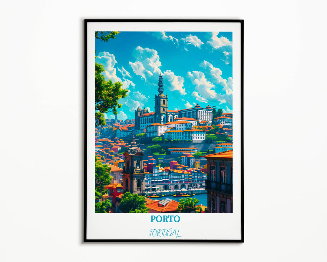 An evocative Porto wall art featuring the grandeur of the Dom Luís I Bridge, Porto Cathedral, and the scenic Douro River, capturing the essence of Porto&#39;s beauty and cultural heritage.