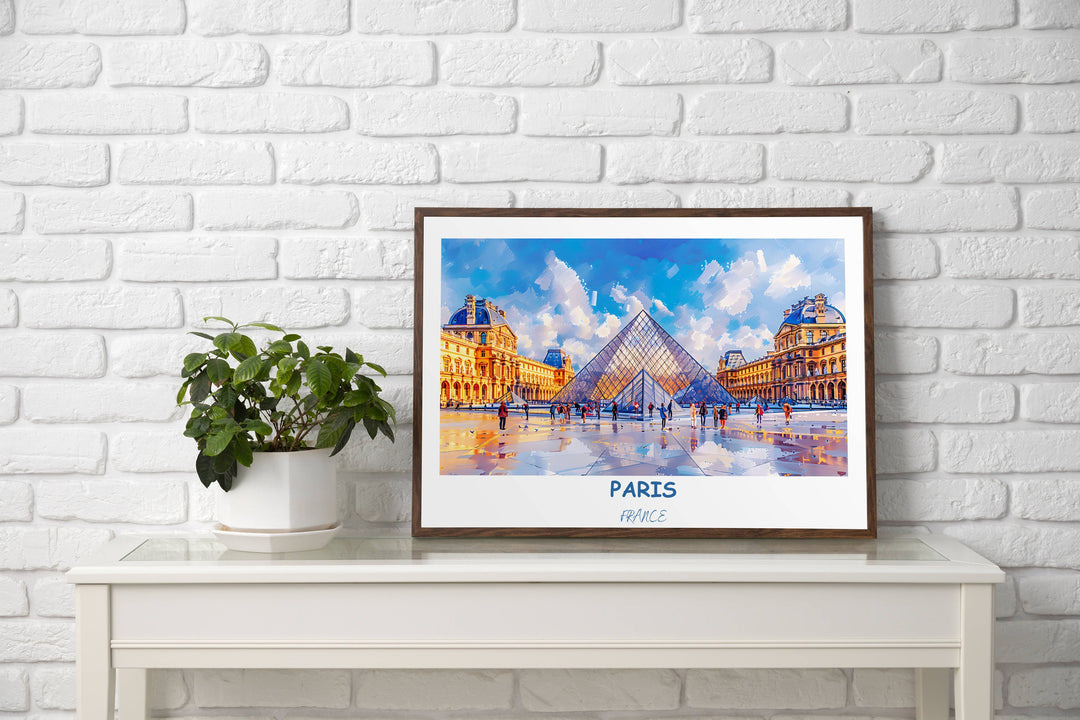 Capture the romance of Paris with this captivating wall art featuring the Louvre Museum. A perfect gift for travel enthusiasts and art lovers alike.