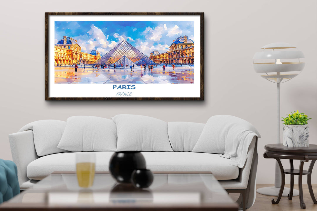 Stunning Parisian art decor featuring the renowned Louvre Museum. Add a touch of sophistication to your space with this timeless Paris artwork.