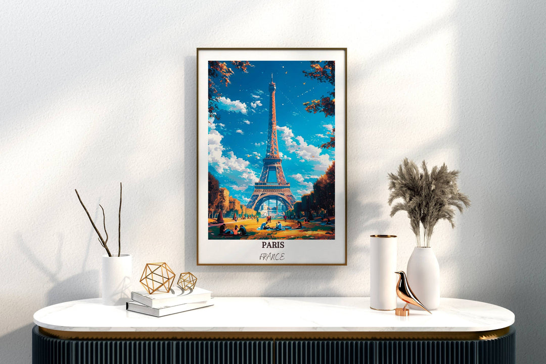 Stunning Parisian art decor featuring the iconic Eiffel Tower. Add a touch of Parisian charm to your space with this captivating artwork.