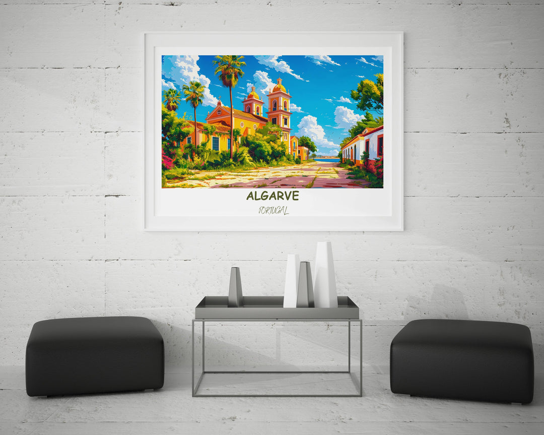 Capture the essence of the Algarve with this captivating illustration of Igreja de Santa Maria and Cathedral of Faro. An exquisite art print that brings Portugals historic charm to life.