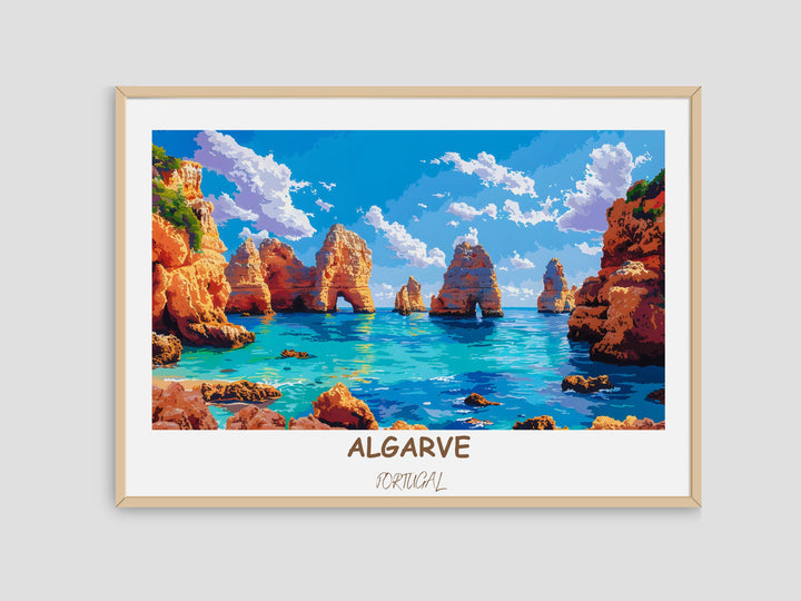 Vibrant Algarve travel poster featuring Ponta da Piedade. Detailed illustration captures the essence of Portugals coastal beauty. Perfect decor or gift for Portugal enthusiasts.