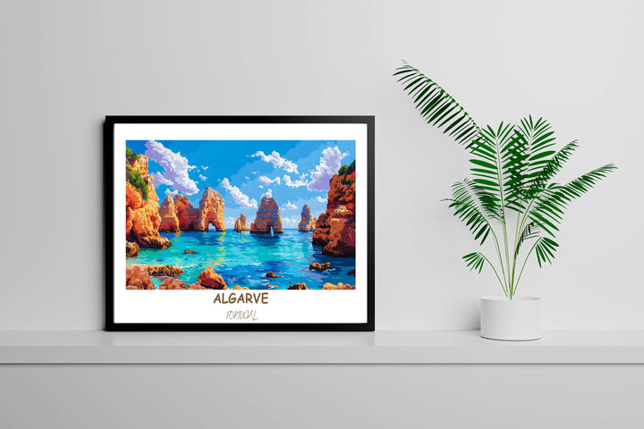 Capture the essence of the Algarve with this captivating illustration of Ponta da Piedade. An exquisite art print that brings Portugals coastal charm to life.