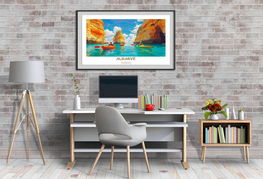 Elegant Algarve wall art featuring the mesmerizing beauty of Ponta da Piedade. A timeless illustration that adds a touch of Portugals coastal magic to any space.