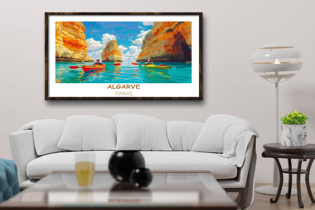 Discover the allure of the Algarve with this stunning illustration of Ponta da Piedade. A striking wall print that embodies the coastal splendor of Portugal.
