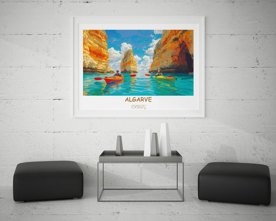 Discover the allure of the Algarve with this stunning illustration of Ponta da Piedade. A striking wall print that embodies the coastal splendor of Portugal.