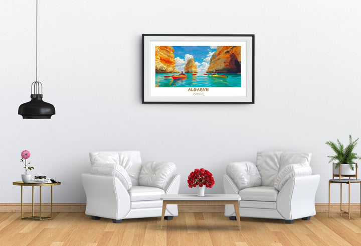Discover the allure of the Algarve with this stunning illustration of Ponta da Piedade. A striking wall print that embodies the coastal splendor of Portugal.