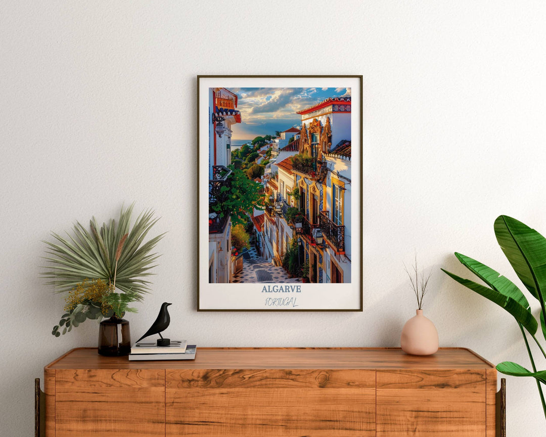 Elegant Algarve wall art featuring the mesmerizing beauty of Faro Old Town and Cathedral of Faro. A timeless illustration that adds a touch of Portugals historic allure to any space.