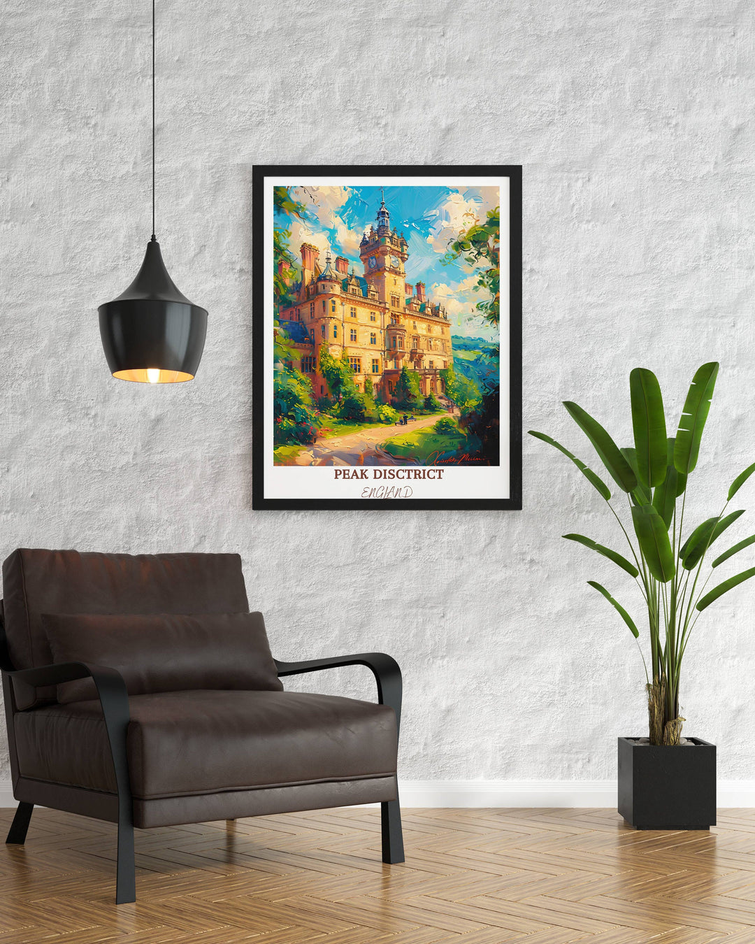 Elevate your decor with the timeless beauty of the Peak District and the iconic silhouette of Chatsworth House in this captivating print.