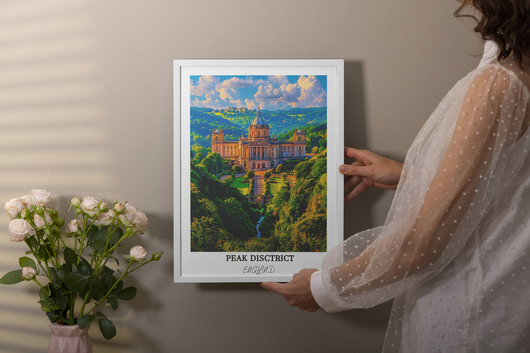 Embrace the tranquility of the Peak District with this captivating artwork showcasing the iconic Chatsworth House.