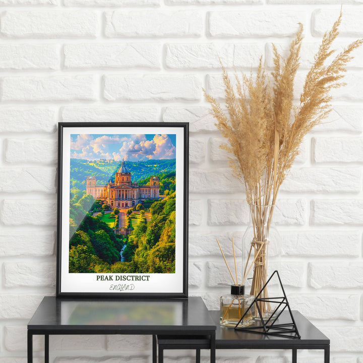 Embrace the tranquility of the Peak District with this captivating artwork showcasing the iconic Chatsworth House.