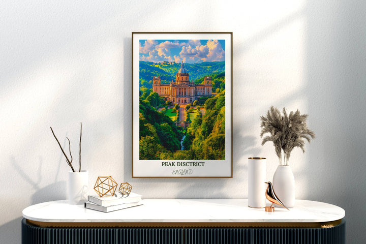 Celebrate the beauty of the Peak District National Park with this breathtaking print featuring the iconic Chatsworth House.