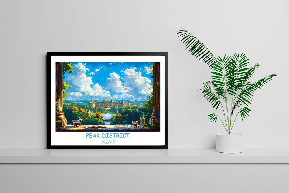 Infuse your decor with the rustic charm of the Peak District and the grandeur of Chatsworth House in this captivating print.