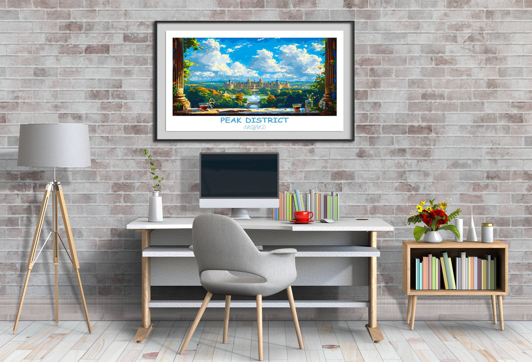 Infuse your decor with the rustic charm of the Peak District and the grandeur of Chatsworth House in this captivating print.