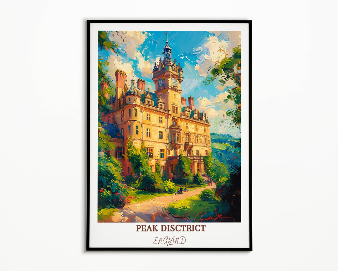 Elevate your decor with the timeless beauty of the Peak District and the iconic silhouette of Chatsworth House in this captivating print.