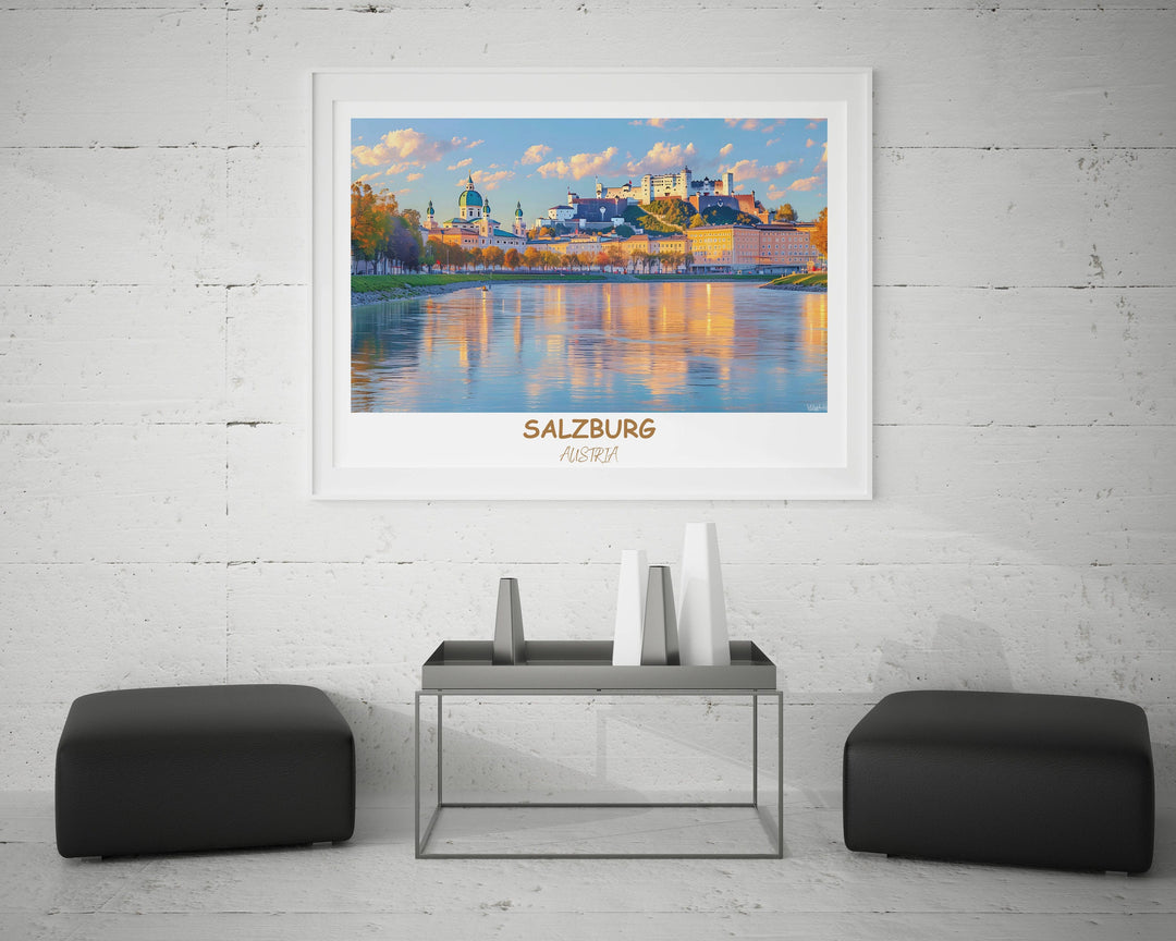 Elevate your space with this striking Salzburg art print, featuring the iconic Hohensalzburg Fortress. A thoughtful gift for any art enthusiast. Celebrate the charm of Salzburg with this captivatin