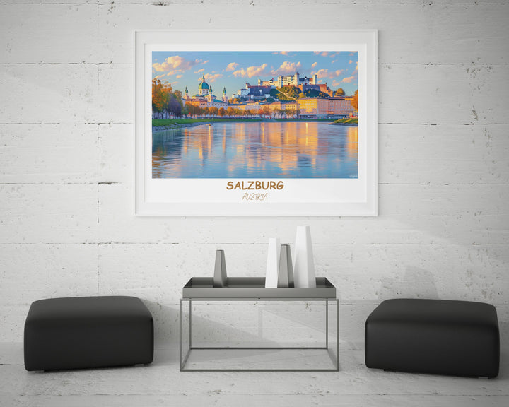 Elevate your space with this striking Salzburg art print, featuring the iconic Hohensalzburg Fortress. A thoughtful gift for any art enthusiast. Celebrate the charm of Salzburg with this captivatin