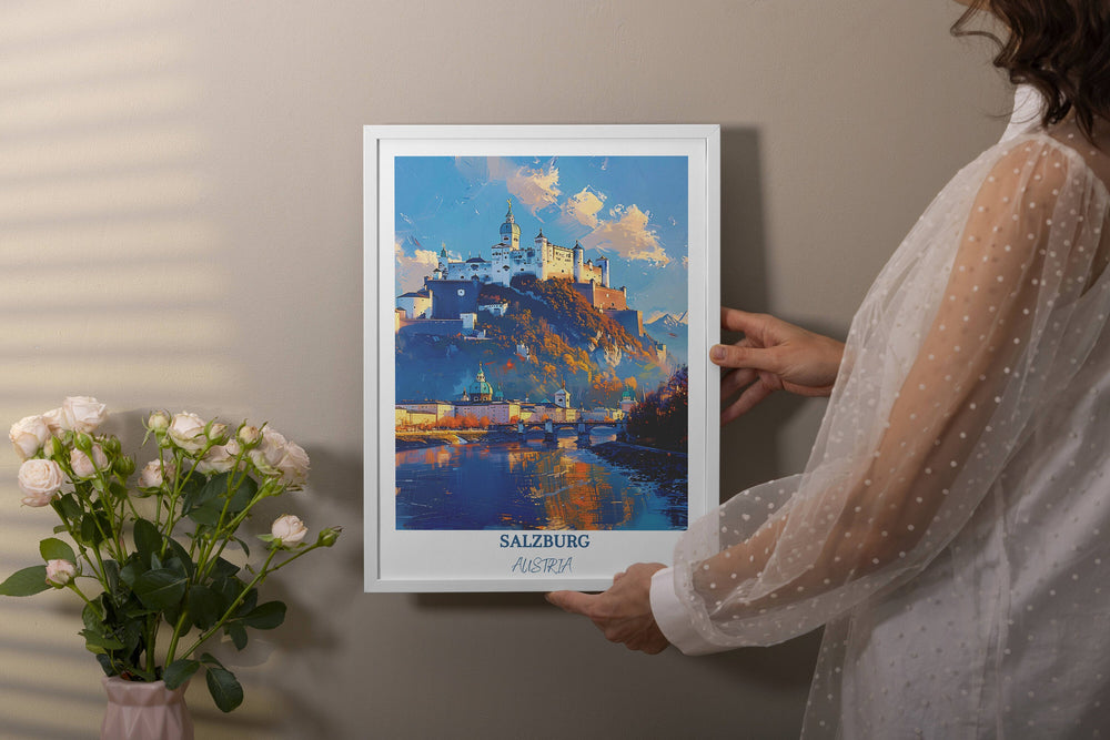 Immerse yourself in the splendor of Salzburg with this enchanting art print of Hohensalzburg Castle. A delightful gift for travel enthusiasts.